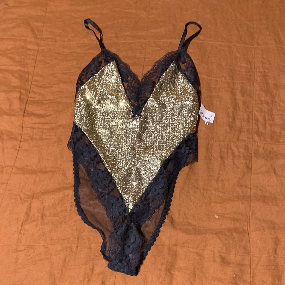 Amazing vintage Black and Gold sequin high cut lingerie Bodysuit